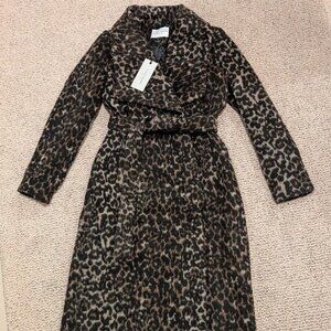 Women’s Cole Haan Wool Blend Belted Wrap Coat Leopard Print Size 4 NEW